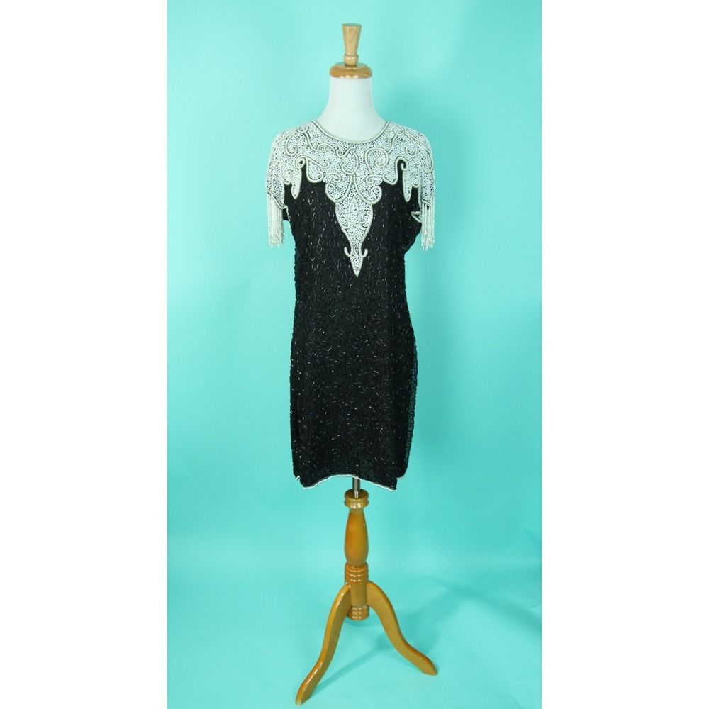 Vintage Scala Black Beaded Silk Dress White Pearl Bib Fringe Cocktail Sheath L